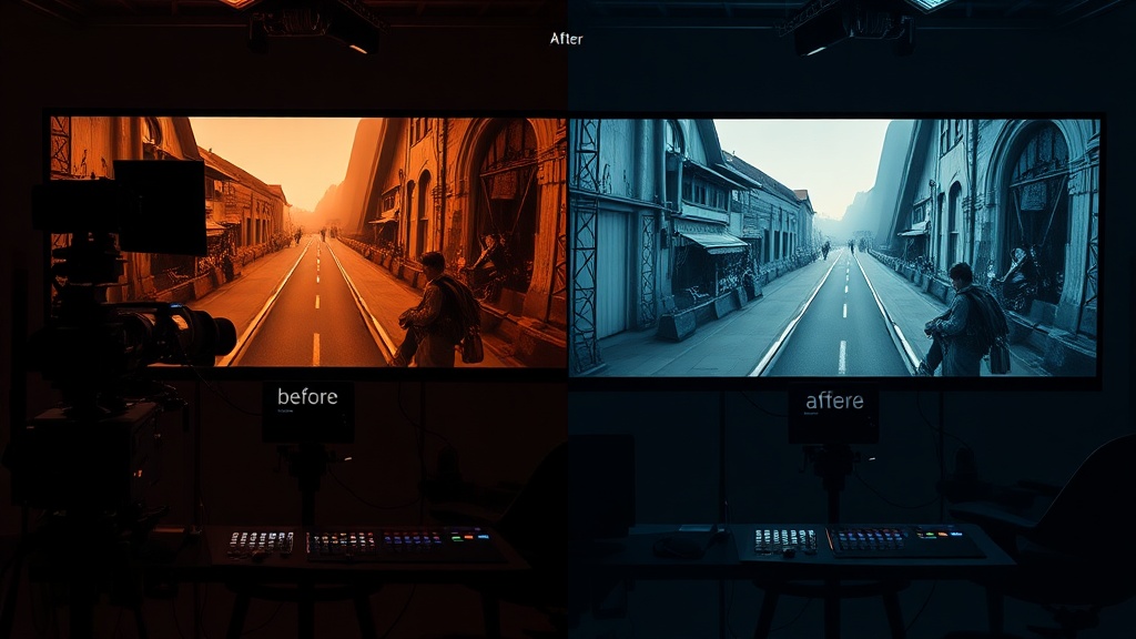 Suite de corrección de color en postproducción con asistencia de IA y comparación antes/después de película