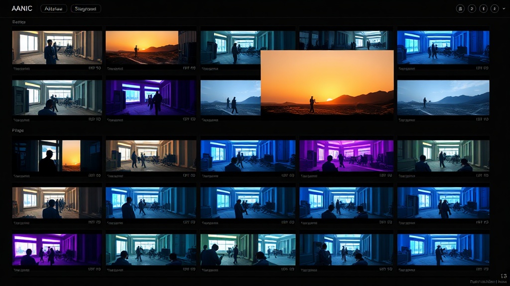Storyboard digital con miniaturas de escenas generadas por IA organizadas en secuencia, marcos coloridos