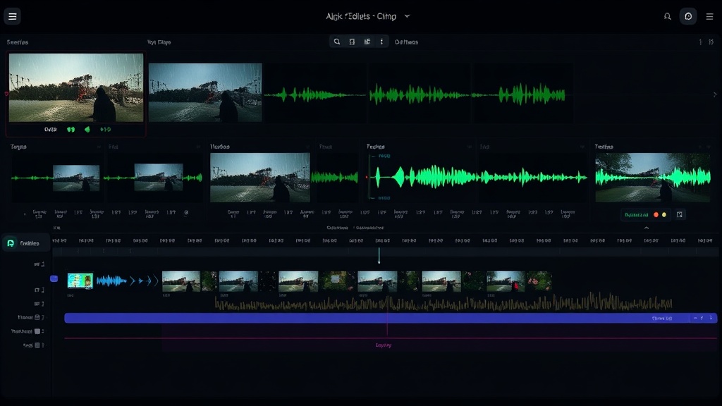 Línea de tiempo de edición de vídeo con múltiples pistas mostrando clips generados por IA, formas de onda y transiciones