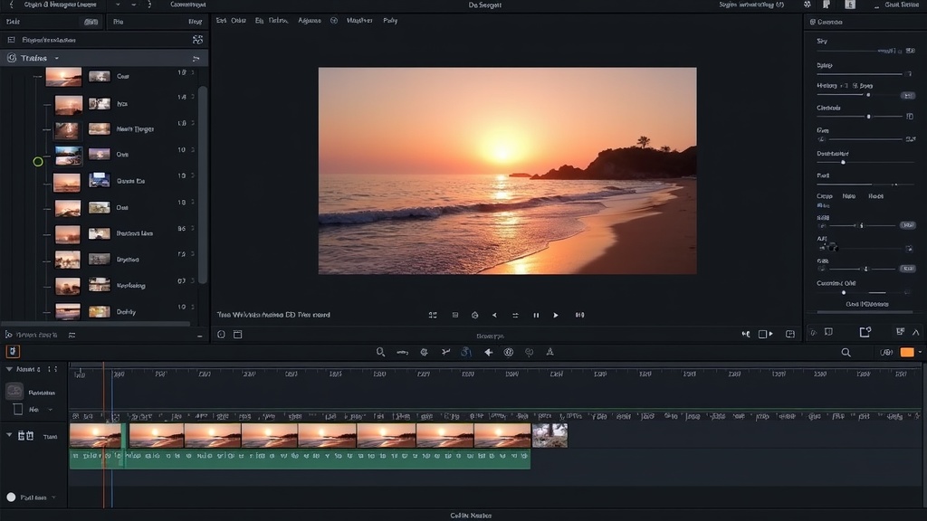 Espacio de trabajo del editor de vídeo con IA de tres paneles mostrando árbol de estructura, previsualización de vídeo y panel de propiedades