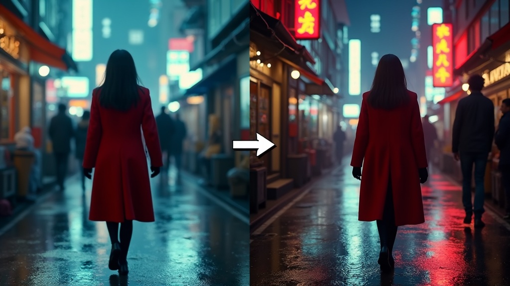 Comparación antes y después: un prompt vago de vídeo IA produciendo resultados borrosos versus un prompt detallado creando una escena cinematográfica