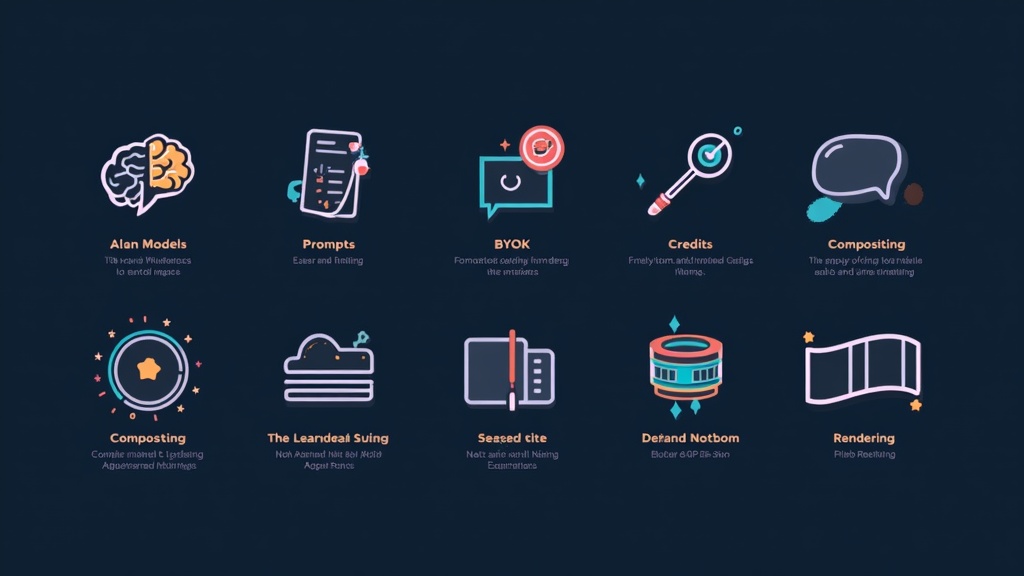 Glosario visual de conceptos de edición de vídeo con IA mostrando iconos de Modelos IA, Prompts, BYOK, Créditos, Composición, Timeline y Renderizado