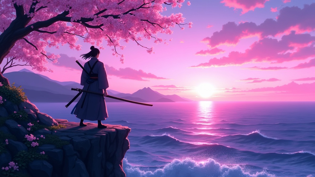 Scène anime stylisée d'un samouraï au coucher du soleil avec des fleurs de cerisier, démontrant les capacités de style du générateur vidéo IA Hailuo