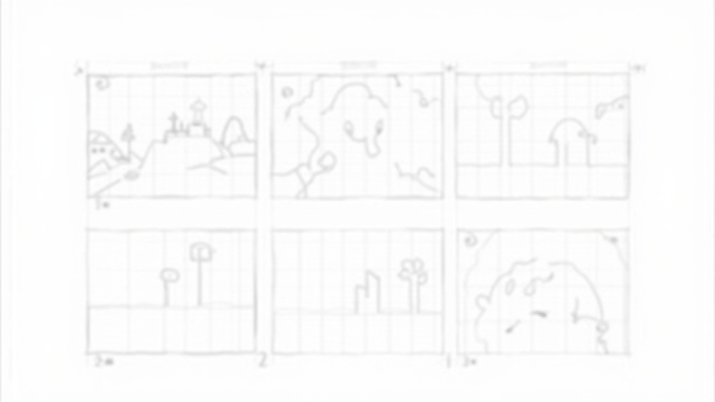 Croquis de storyboard montrant une séquence de court métrage, idéal pour le storyboarding vidéo IA économique avec Hunyuan