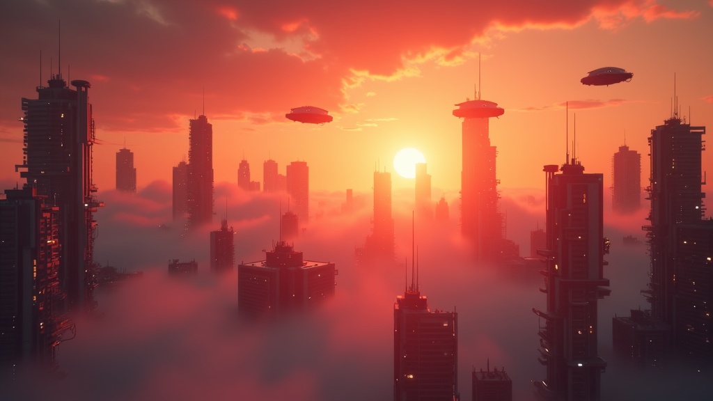 Scène cinématique 4K HDR d'une ville futuriste au coucher du soleil, démontrant la qualité premium de la génération vidéo IA de Kling 3.0