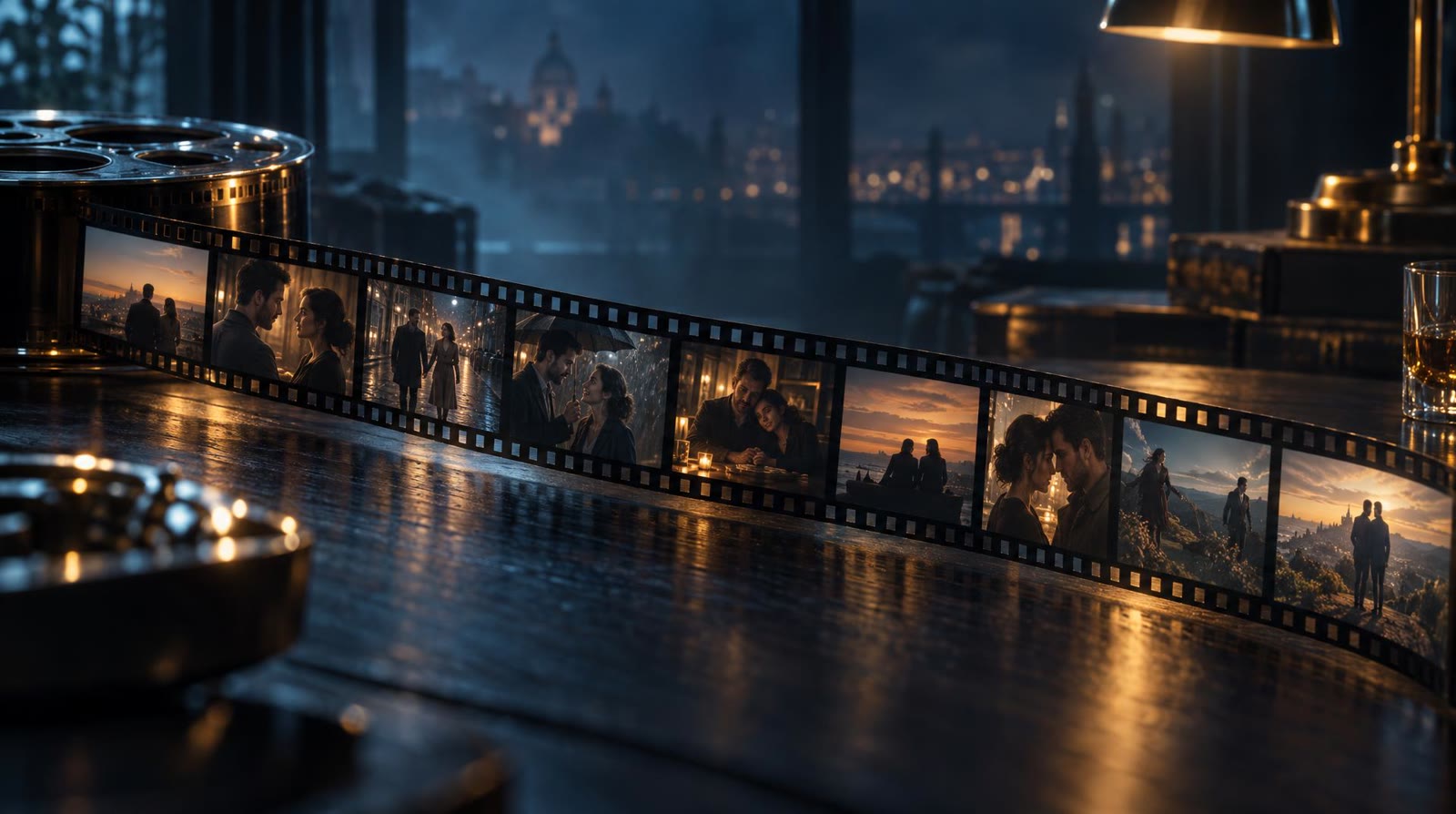A long strip of 35mm film across a dark table, every frame a different scene of the same AI film with the same two characters