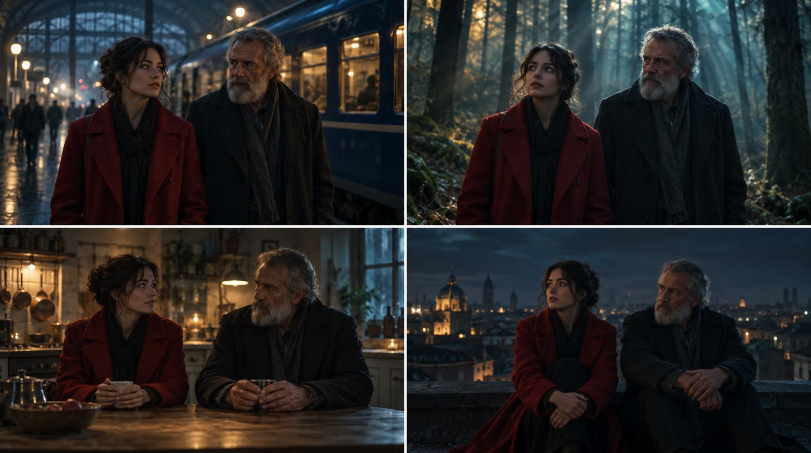 The same two characters in four different scenes of one AI-generated movie, with identical faces and costumes in each