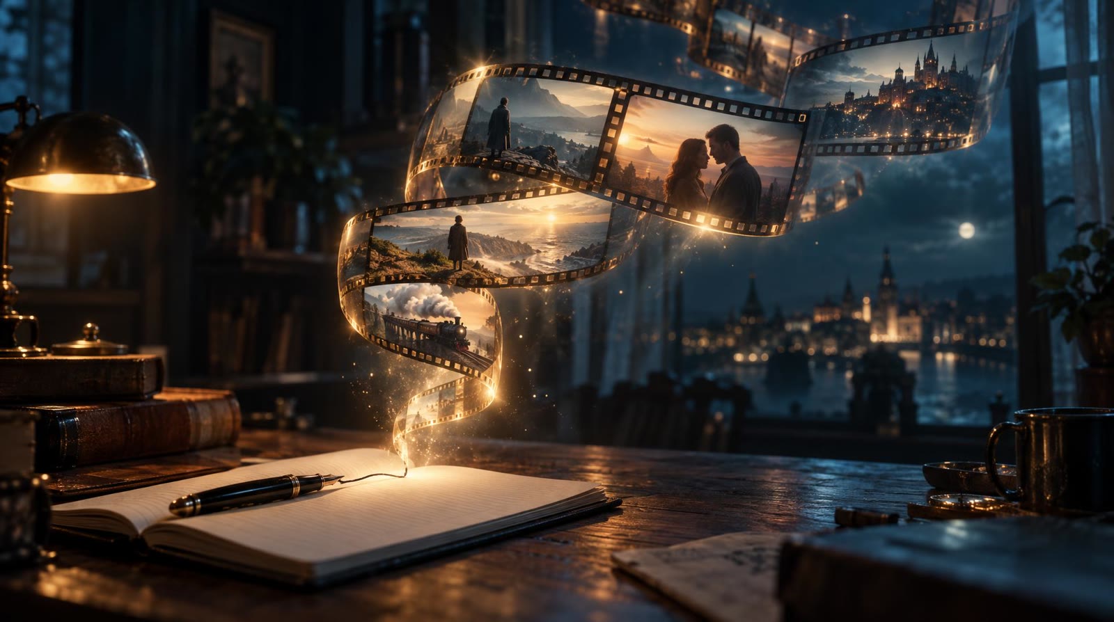 A handwritten line on a notebook page dissolving into glowing film frames that become scenes, AI filmmaking from a single sentence
