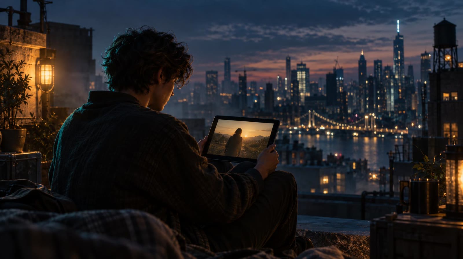 Young filmmaker on a rooftop at dusk watching their AI short film on a tablet