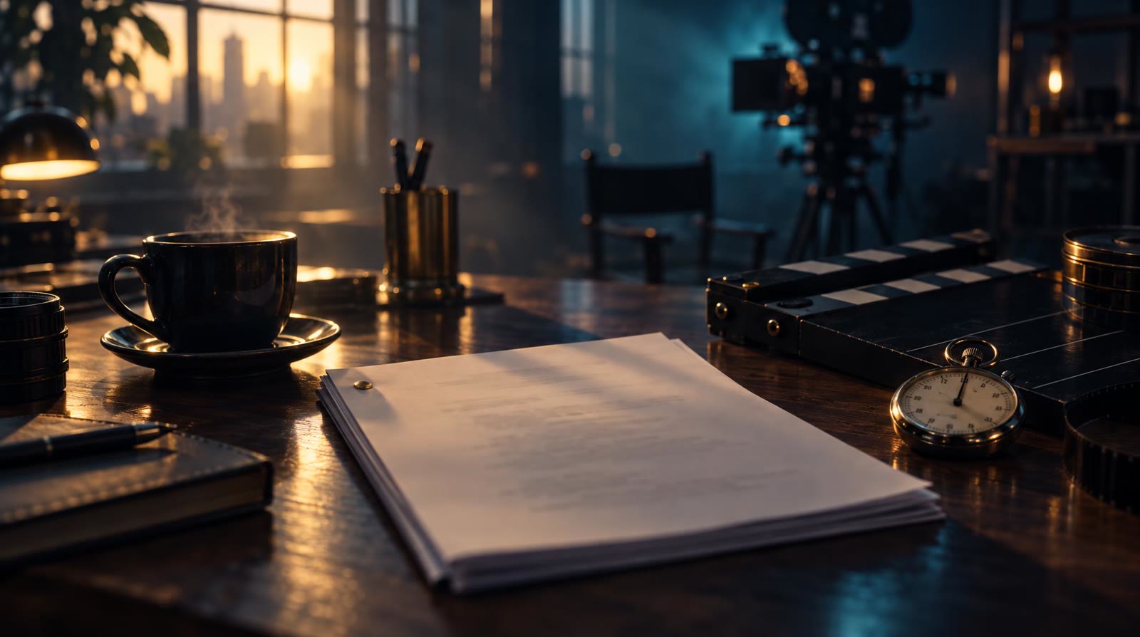 Thin short screenplay on a desk beside a stopwatch, a coffee cup and a clapperboard