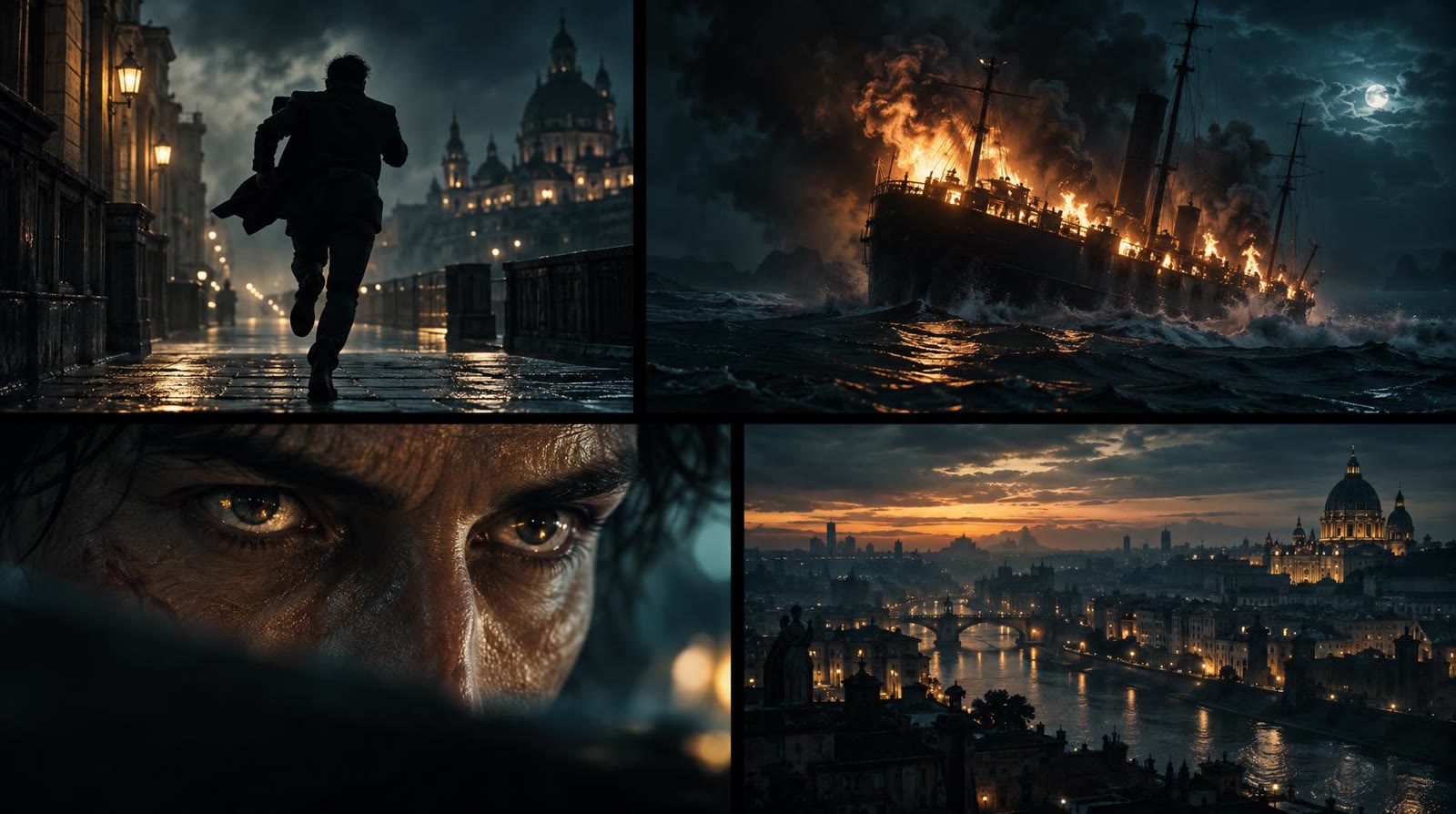 Trailer montage from an AI trailer maker: a running silhouette, a burning ship, a close-up of eyes and a city skyline at dusk