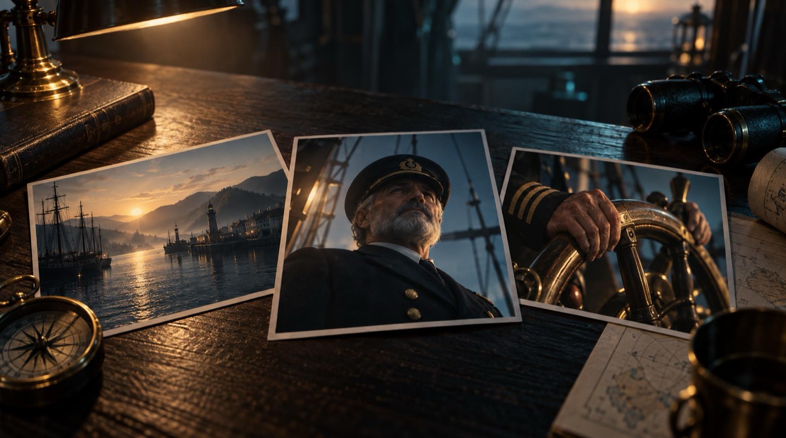 Aufgefächerte Storyboard-Karten auf einem Schreibtisch: ein Hafen als Establishing Shot, ein Kapitän aus der Untersicht, seine Hände am Steuerrad in Großaufnahme