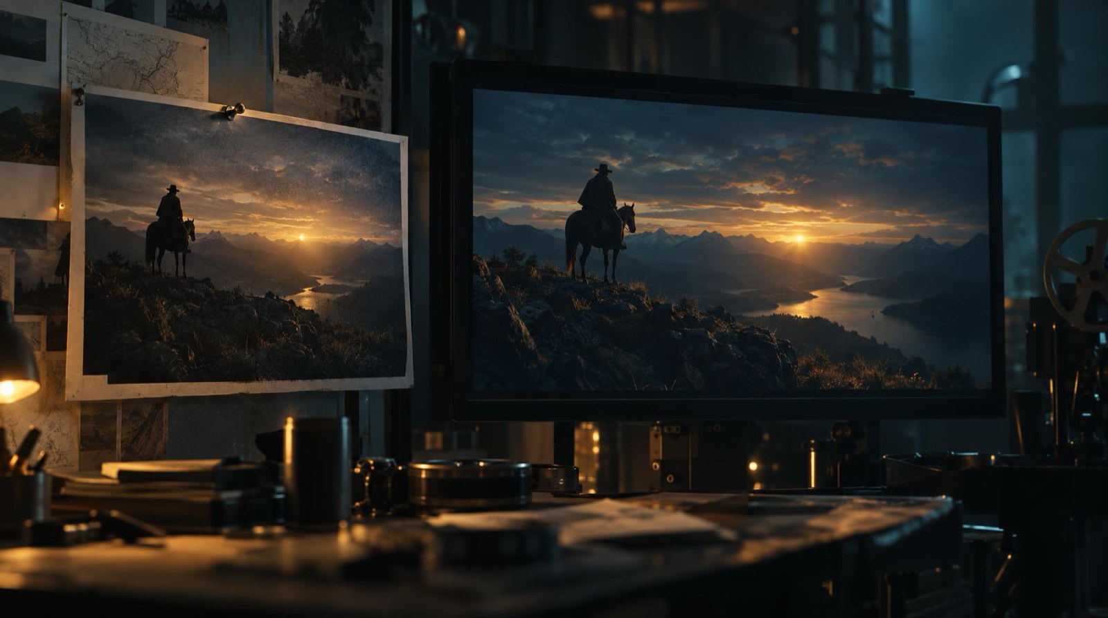 Ein Storyboard-Bild von einem Reiter auf einem Bergkamm in der Dämmerung gleitet vom Board und wird auf einem Monitor zur bewegten Filmeinstellung