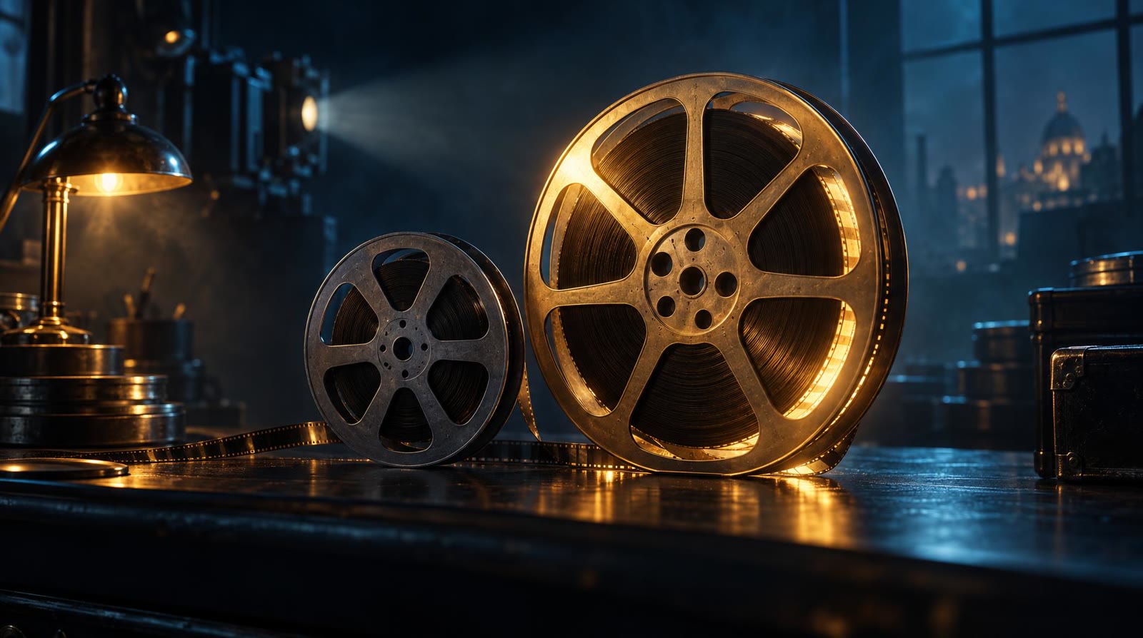 A small plain film reel and a large one glowing gold, side by side on a dark desk, standing for the Free plan and the paid plans