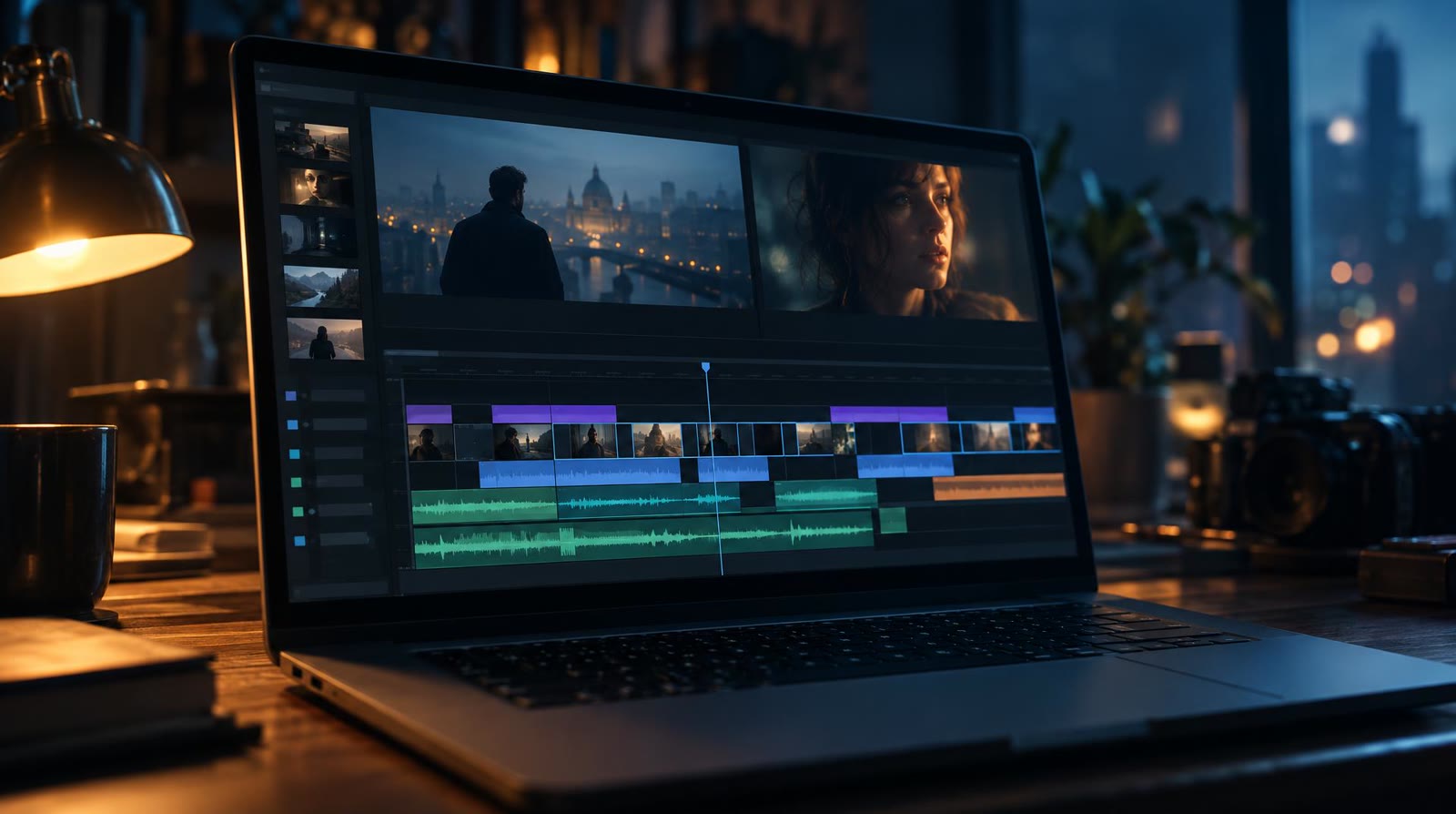 Close-up of a laptop screen with a browser-based multitrack video editor under a warm desk lamp, an AI video editor online free to use