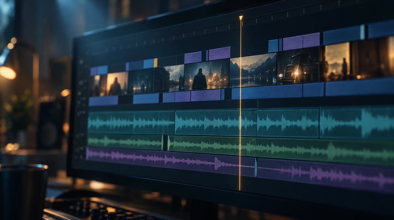 Close-up of an AI video editing timeline with stacked video and audio tracks and a gold playhead