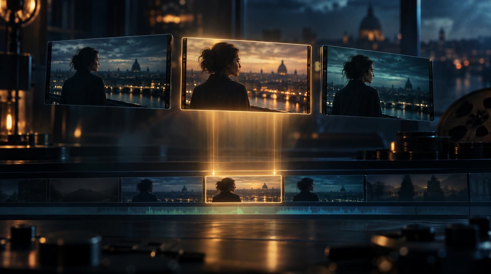 Three alternative takes of the same shot floating above an editing timeline, the middle take sliding into its slot on the video track