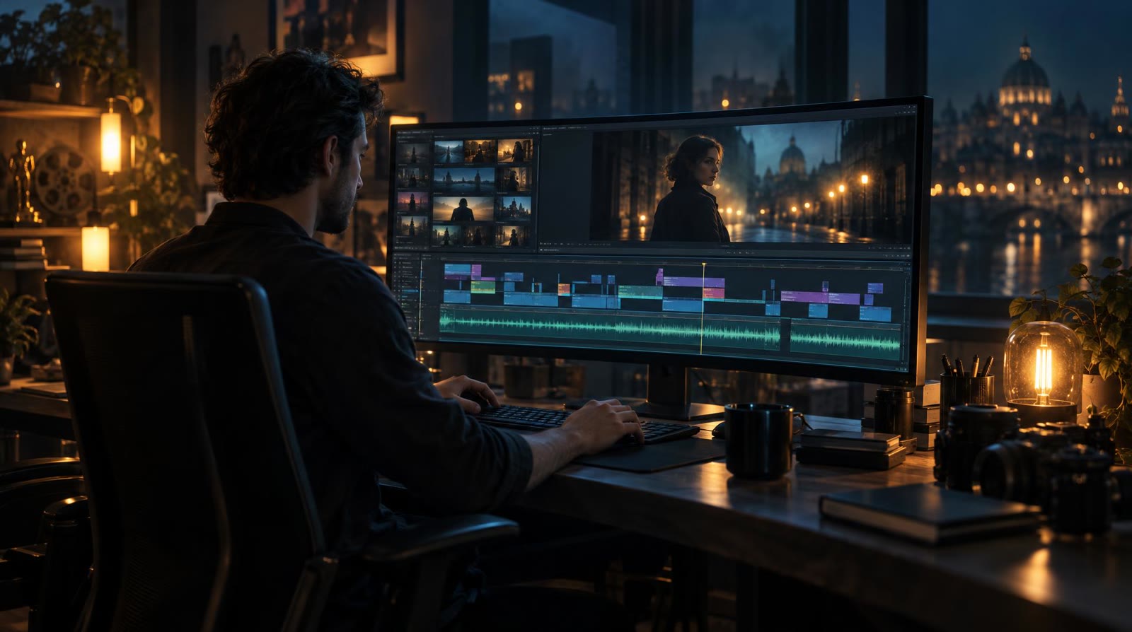 Video editor at a desk at night, working on an AI film in front of an ultrawide monitor with a multitrack timeline under a film frame in the preview