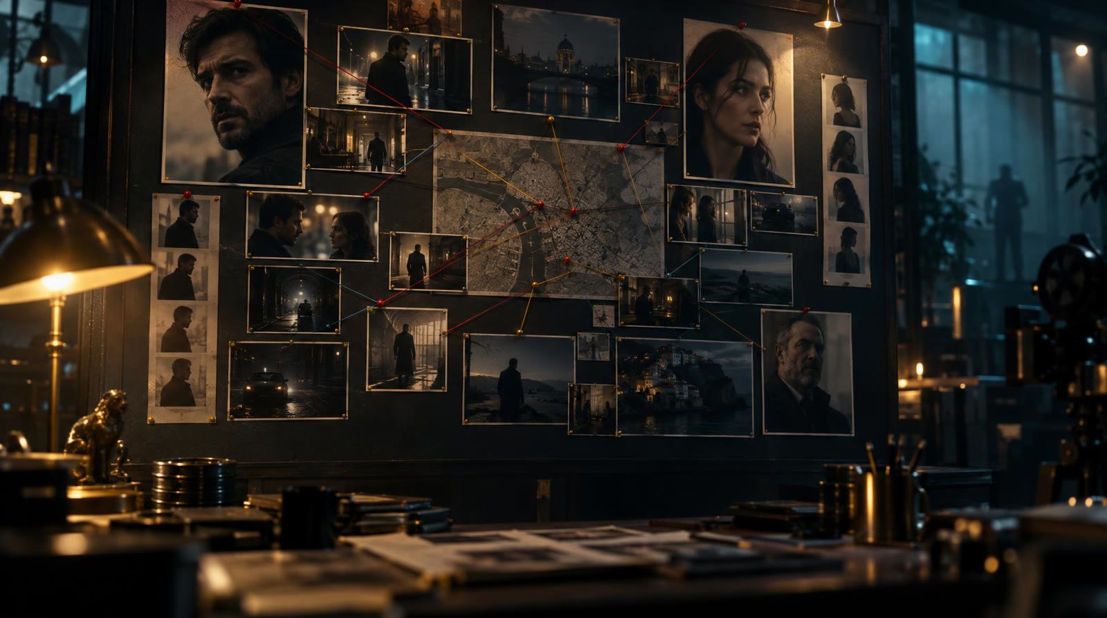 A storyboard wall in a dark production office: pinned frames and portraits of the same characters, linked by coloured threads