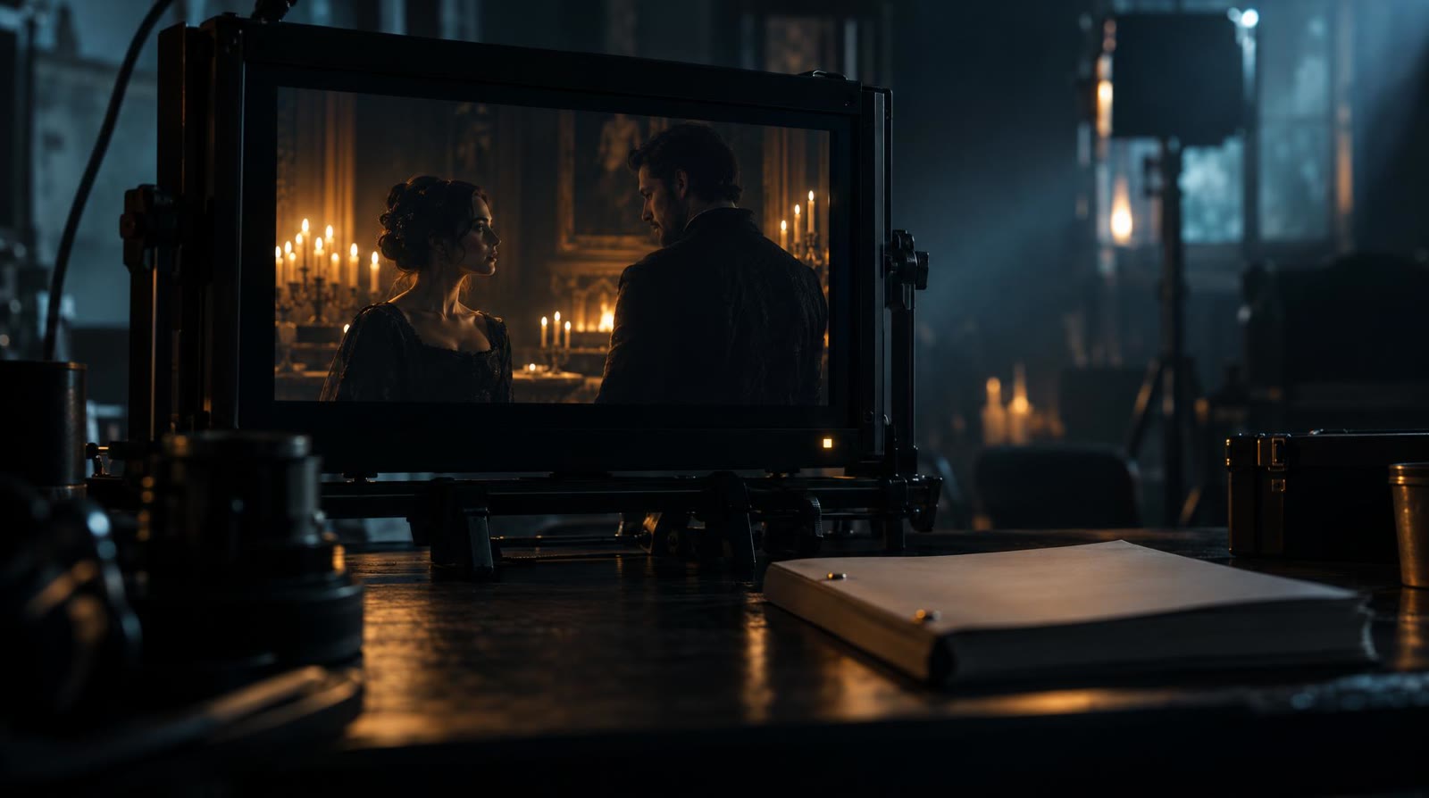 A director's monitor showing a finished shot of two characters in a candlelit room, the closed screenplay lying beside it