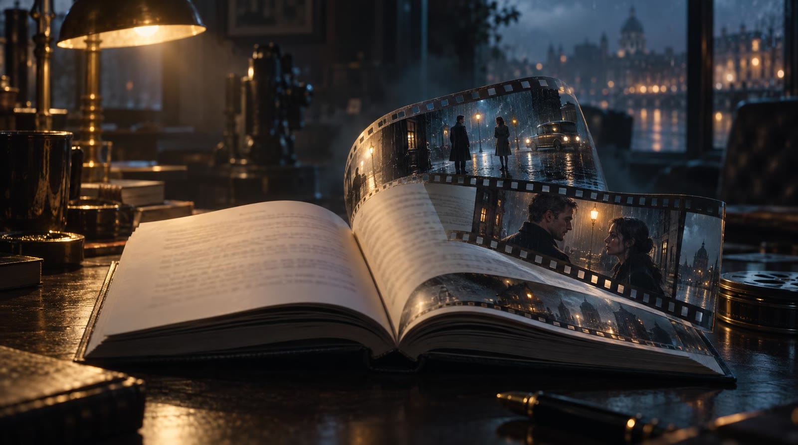 An open printed screenplay whose pages dissolve into film frames at the edges, two characters talking on a rainy street, as screenplay to video AI imagines it