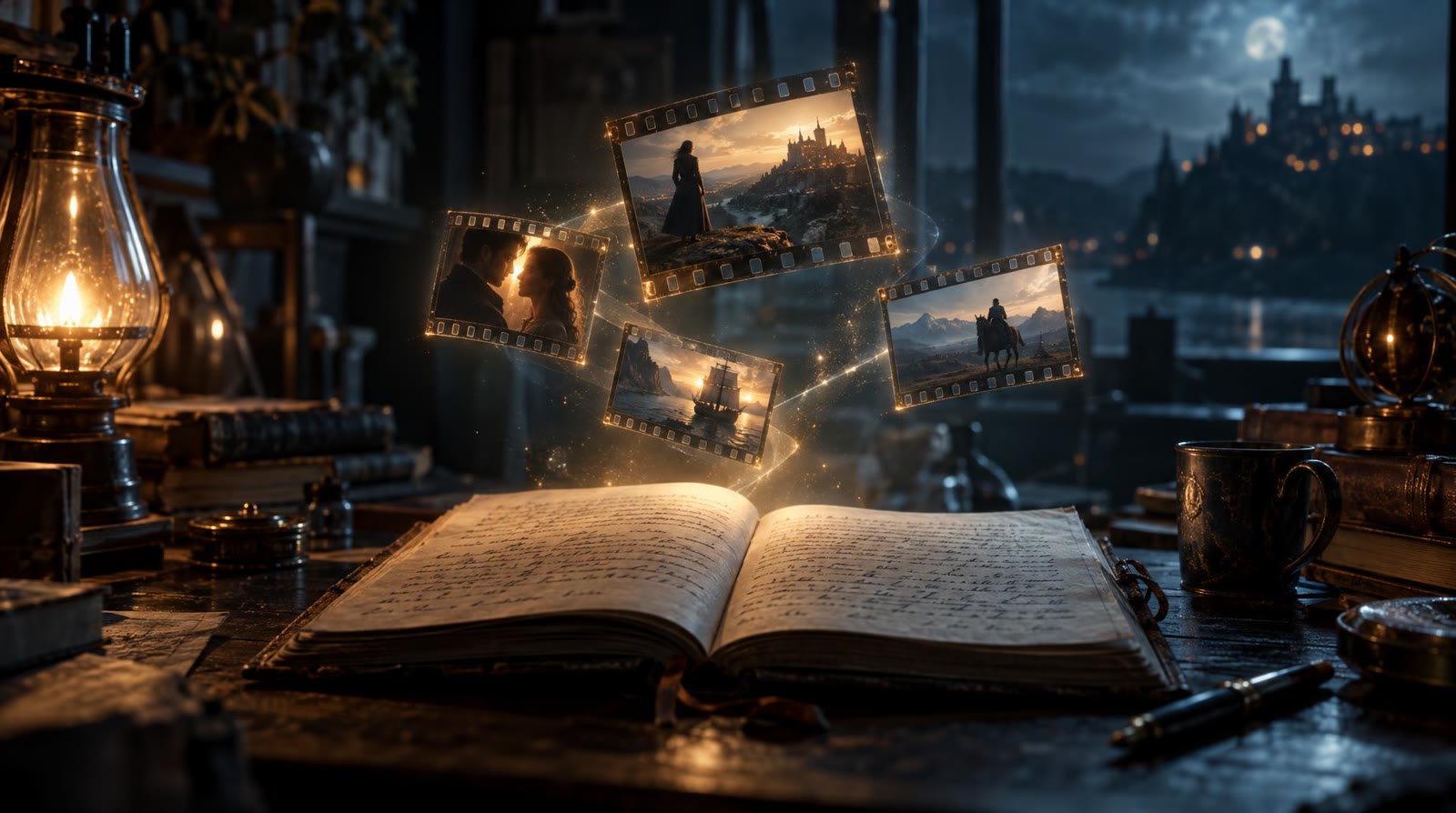 Story to video AI: a storyteller's notebook with a short story, its scenes rising above the page as small film frames