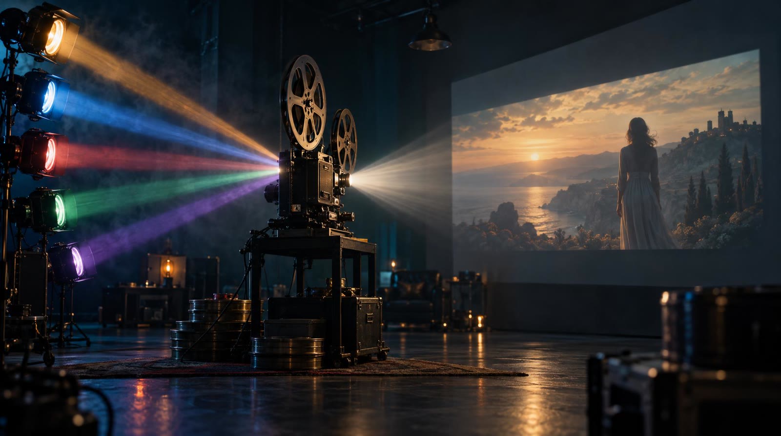 Five glowing lights in different colours send their beams into a single film projector that casts one coherent image, like many AI video models feeding one film