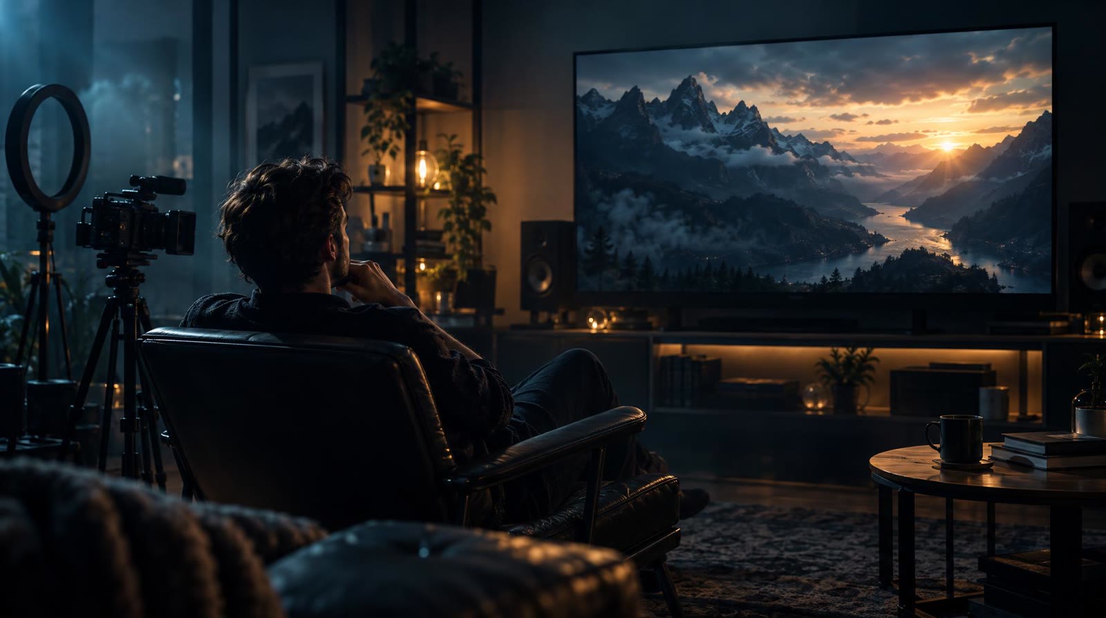 A content creator in a small studio watches a finished cinematic video on a large screen, made with an AI video maker for YouTube