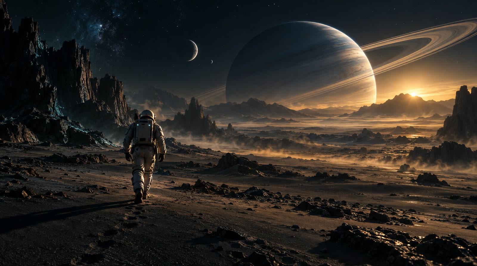 An astronaut walks across a vast alien desert toward a ringed planet, a scene from a long, cinematic AI video