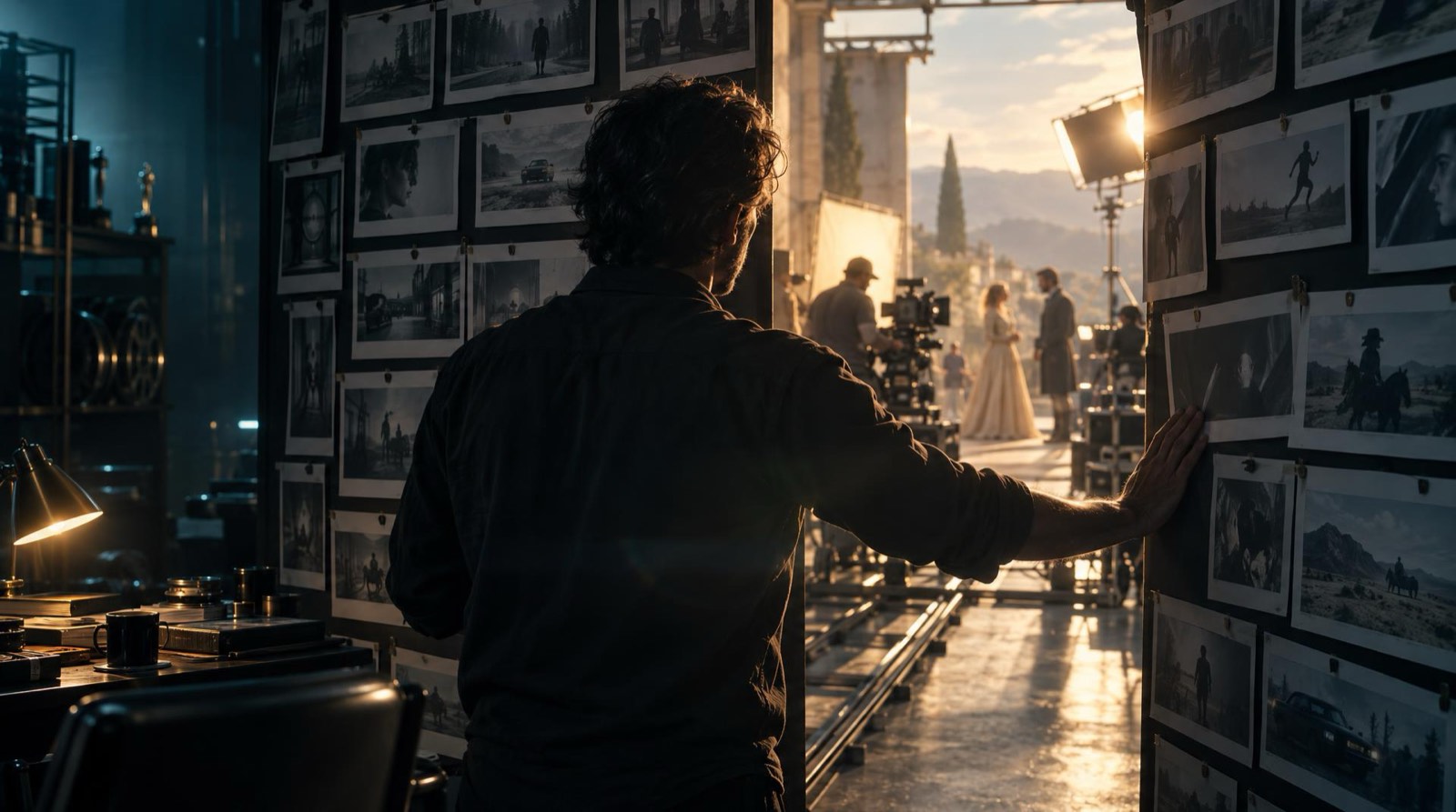 A film director in a dark editing suite pushing aside a wall of pinned storyboard cards to reveal a glowing doorway, and beyond it a sunlit film set with actors and a camera dolly, the first step through an LTX Studio alternative