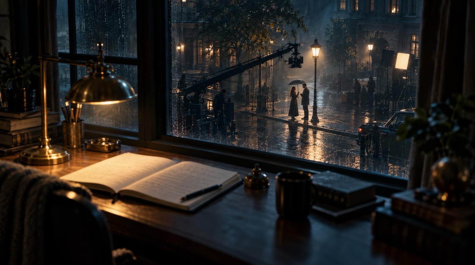 A writer's desk by a tall window at night, one lamp lighting an open notebook, while on the street below the window two characters stand under a streetlamp in the rain beside a camera crane and soft movie lights, as if an AI movie maker had staged the written idea