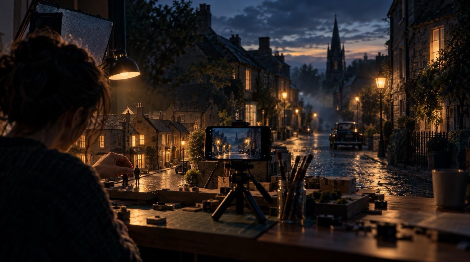A tiny handmade film set on a kitchen table at night, cardboard houses and a phone on a mini tripod, while the same street appears behind it as a full-size cinematic scene at dusk, the cheapest AI video generator turning a low budget into a film