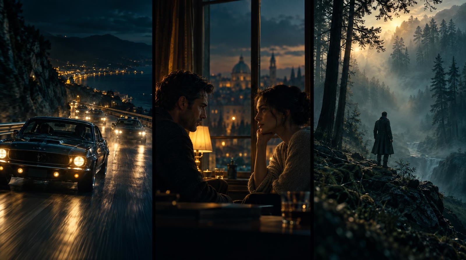 Three movie scenes in different light, a car chase at night, a conversation by a window and a misty forest at dawn, each rendered by its own AI video model