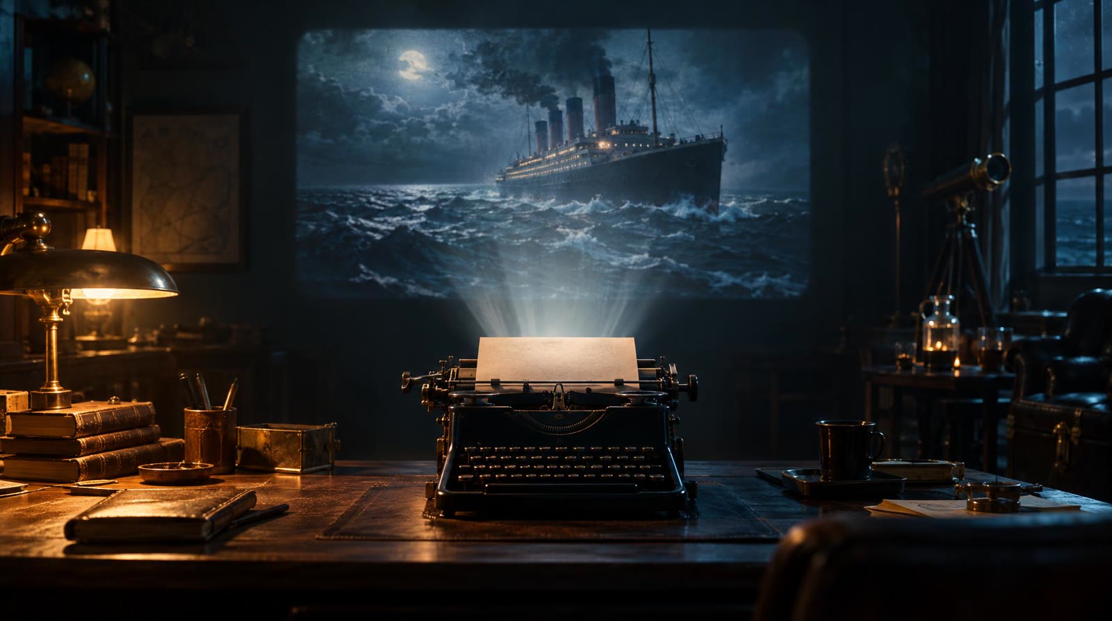 A typed page in an old typewriter, a projector beam rising from it onto a wall that shows a film scene: text to film in a single picture