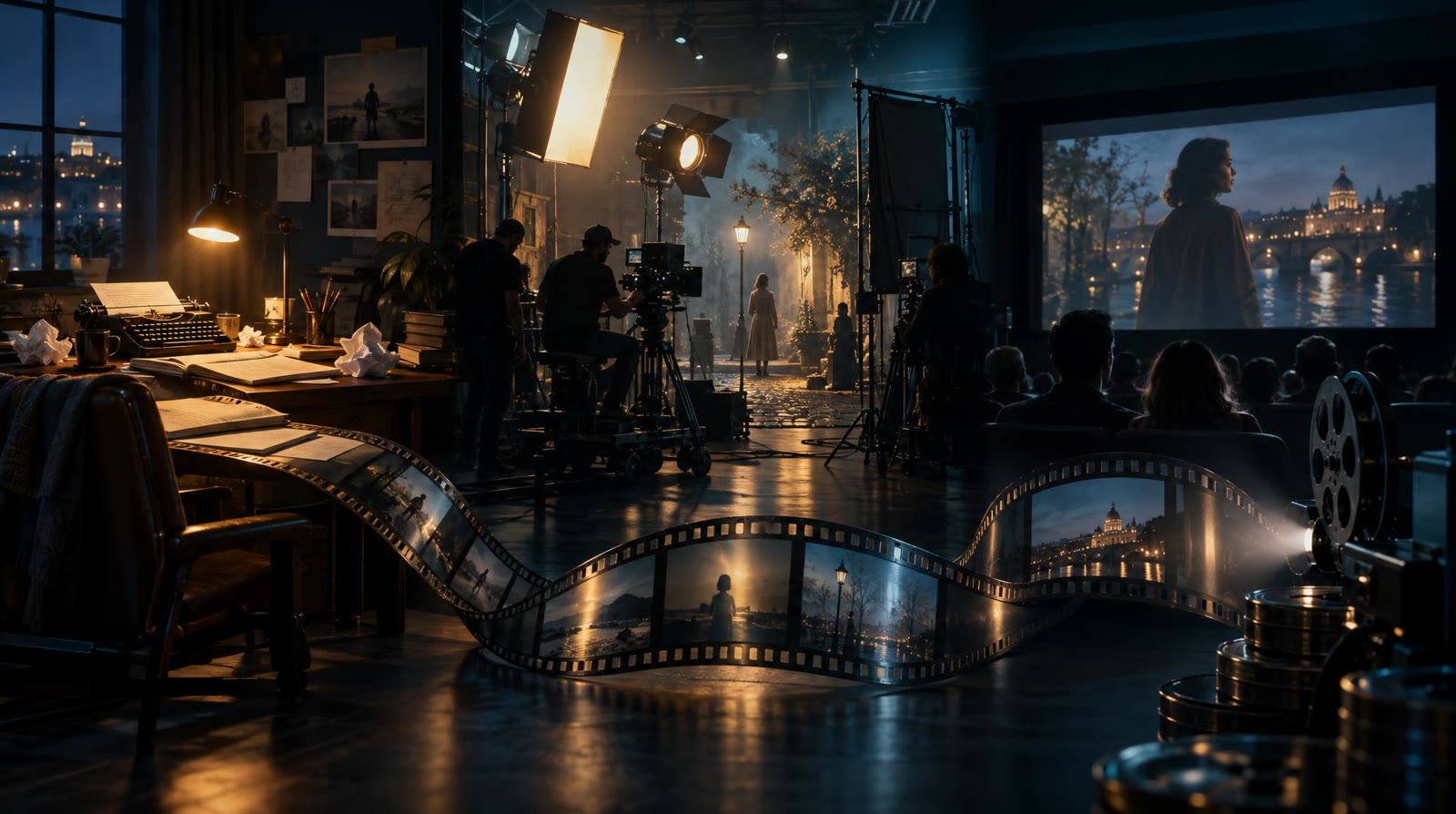 A writer's desk, a sound stage with lights and camera, and a projection room side by side, joined by one strip of film: every stage of a movie made from text