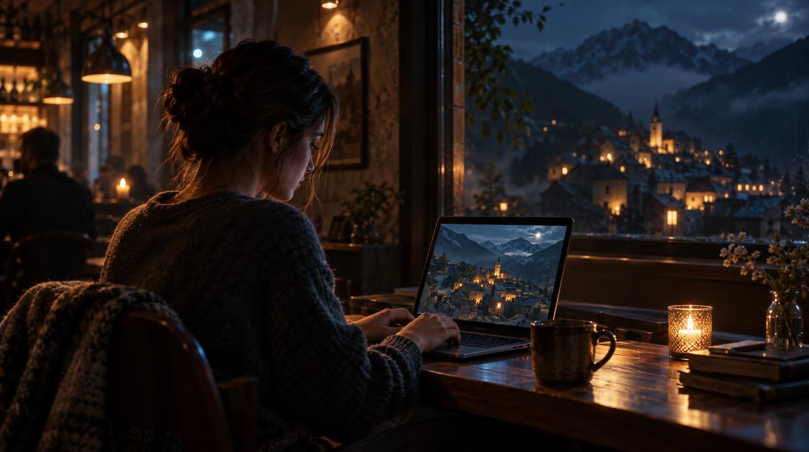 A person typing a story on a laptop in a café while the screen shows a cinematic frame, trying free AI for text to video
