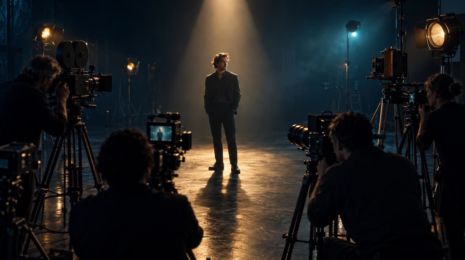 Vintage and modern film cameras in a semicircle, all pointed at one actor in a spotlight, standing for the many video engines inside one text to video generator