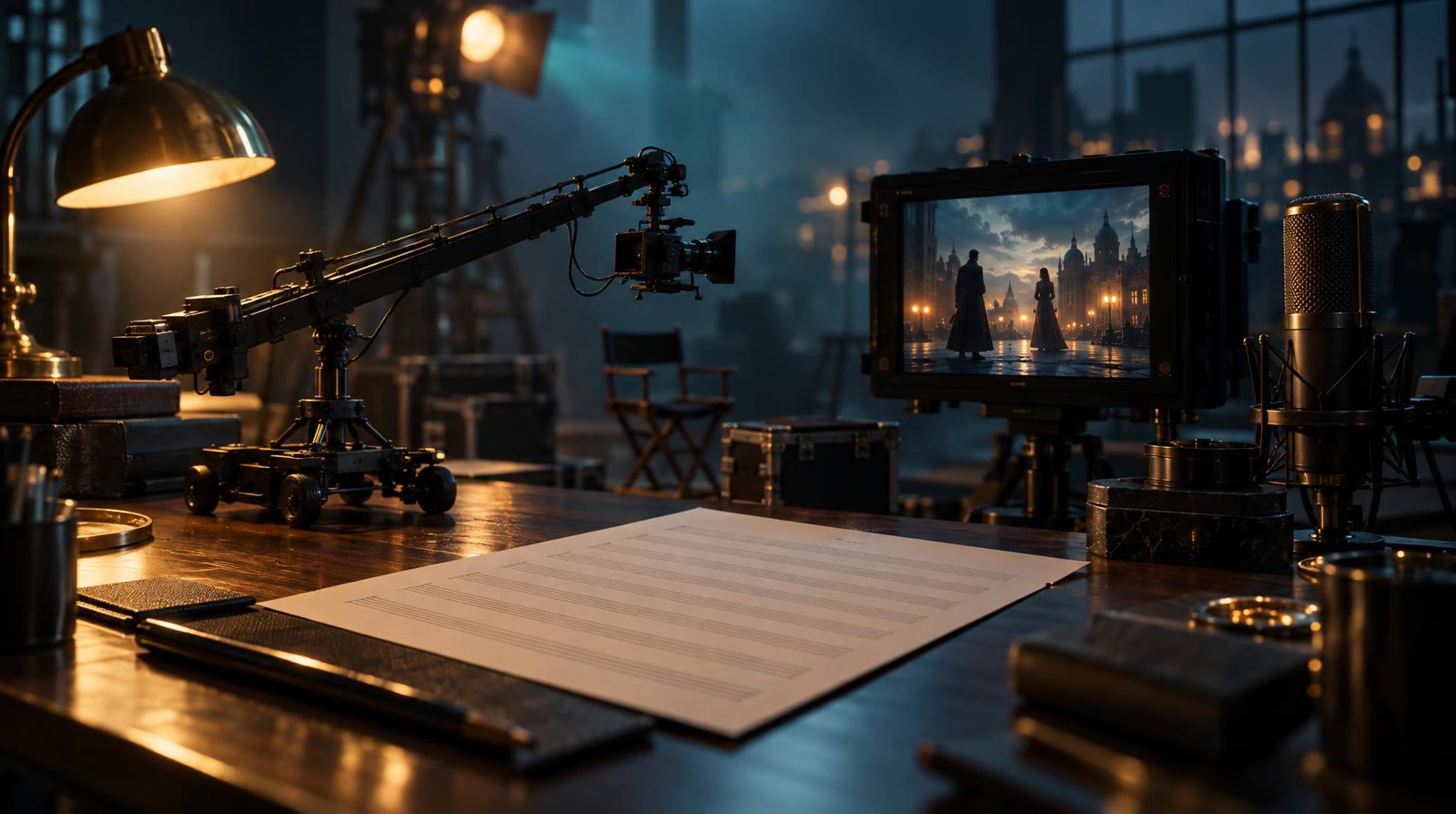 Miniature film set on a desk with a tiny camera crane, a studio microphone and a sheet of music staves, lit like a real set around a small screen playing a scene