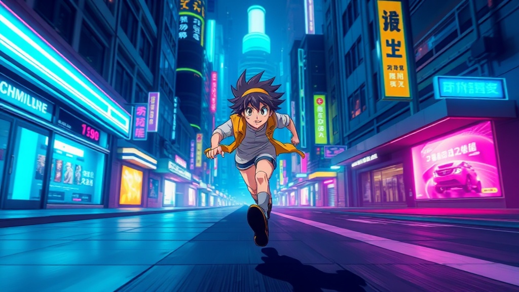 Editor Filmaris mostrando ajustes de estilo anime con Cel Shading aplicado a un personaje corriendo por una calle iluminada con neón