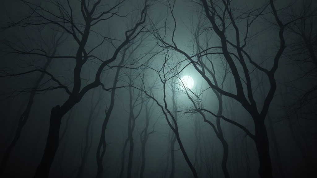 Filmaris-Editor mit Horror-Stileinstellungen, gedaempften entsaettigten Farben und starker Filmkoernung in einer dunklen Waldszene mit Nebel