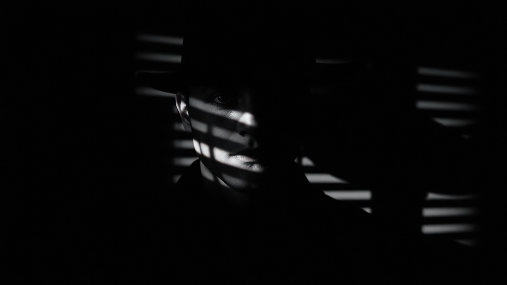 Editor Filmaris mostrando estilo noir con iluminación en blanco y negro de alto contraste aplicada a un retrato de personaje con sombras de persiana veneciana