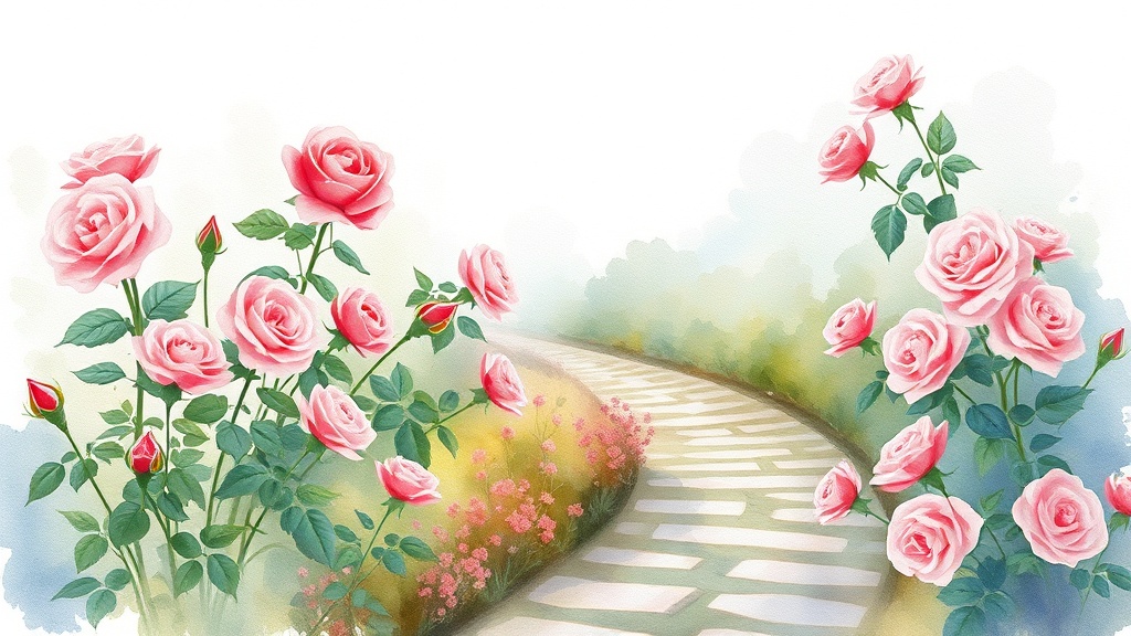 Filmaris-Editor mit Aquarell-Stil, weichen fliessenden Farbwaschungen und sichtbarer Papiertextur in einer Gartenszene mit Blumen
